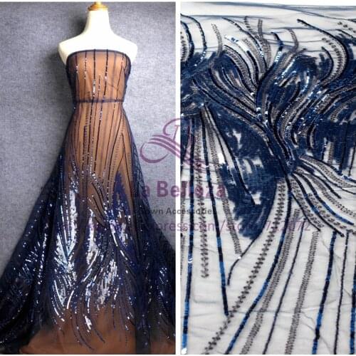 La Belleza 1 yard On sale DEEP BLUE and other 5 colours sequins metallic on mesh embroidered lace fabric 51" width