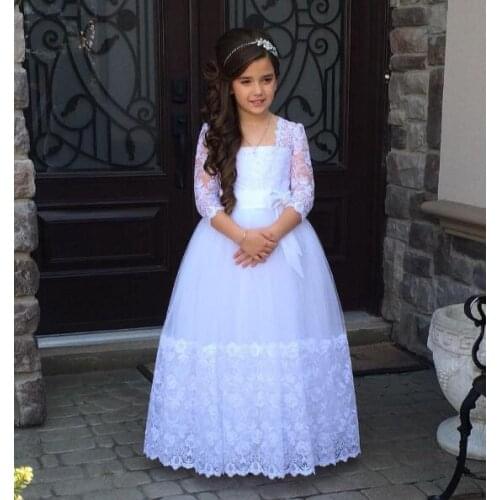 Cute Flower Girl Dresses For Weddings Ball Gown 3/4 Sleeves Tulle Lace Beaded Long First Communion Dresses For Little Girls