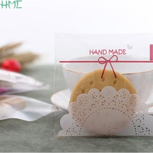 New 100Pcs/lot Cute Lace Bow Print Self-adhesive Gifts Bags Wedding Party Cookie Packaging for Biscuits Candy Cake