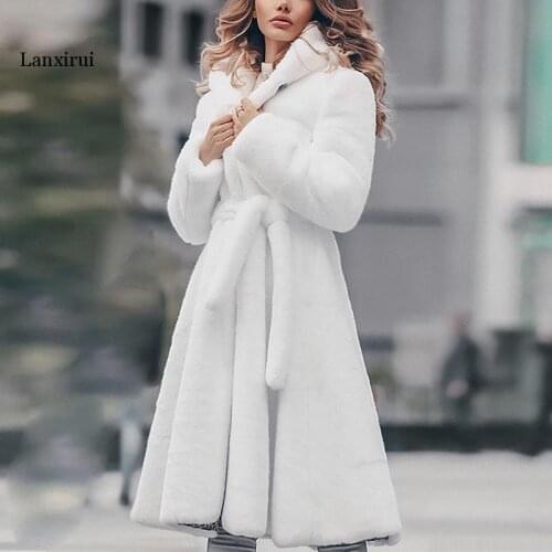 Faux fur coat long Winter Thicken White Coat Lace-up Solid Color Slim Long Plush Faux Fur Hooded Warm Jacket new fashion