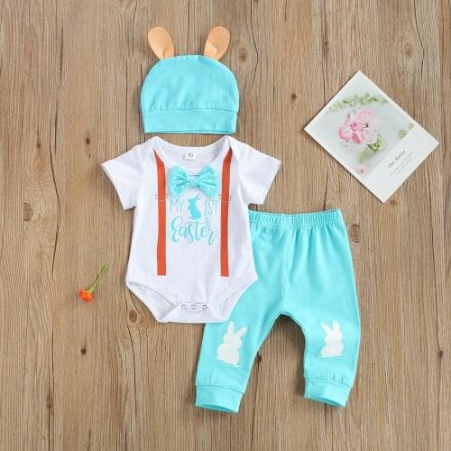 2021 Newborns Easter Three Piece Set Short Sleeve Shirt Elastic Waist Pants Hat for Baby Childrens Clothing Sunsuit