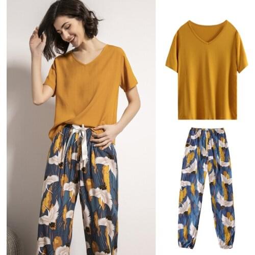 Japanese Style Kimono Pyjamas Cotton Womens Pajamas Set 2PCs T-shirt Trousers Summer Loungewear Sleepwear Crane Harajuku