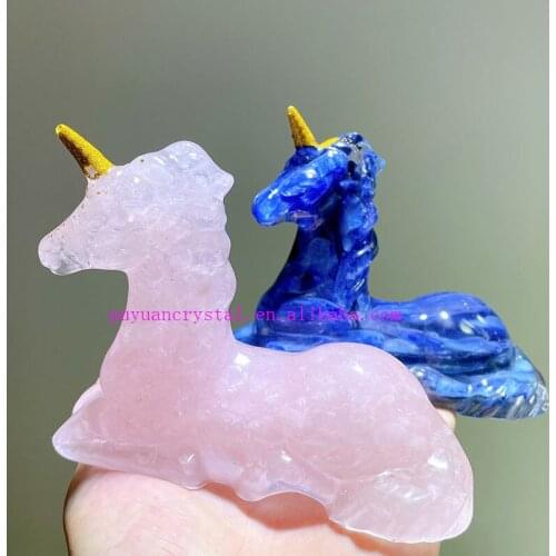 Natural Rose Quartz Unicorn Figurine Crystal Gravel Resin Statue Healing Crystals Feng Shui Aesthetic Room Decor Reiki Gifts