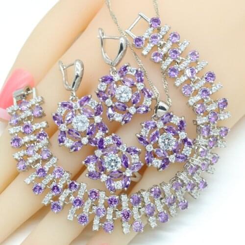 Luxury Purple Stones Dubai Silver Color Wedding Jewelry Sets For Women Necklace Pendant Bracelets Earrings Rings Gift Box