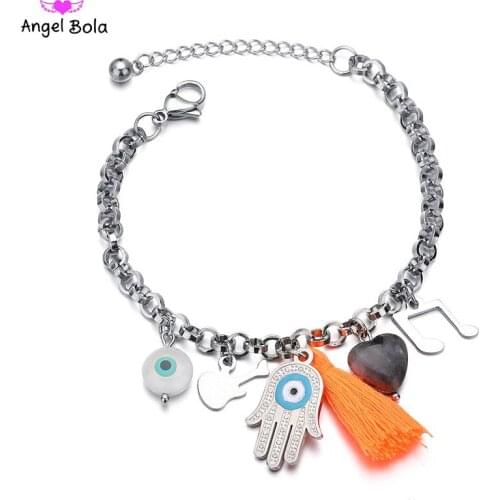 Hand of Fatima Evil Eye Pendant Bracelets Heart Guitar Music Note Tassel Bracelet for Kids Children Gift Pulseiras