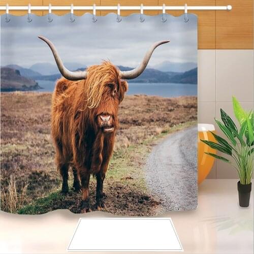Highland Cow 3D Print Shower Curtain Polyester Fabric Bathroom Curtain Waterproof Hook Bath Curtain 06