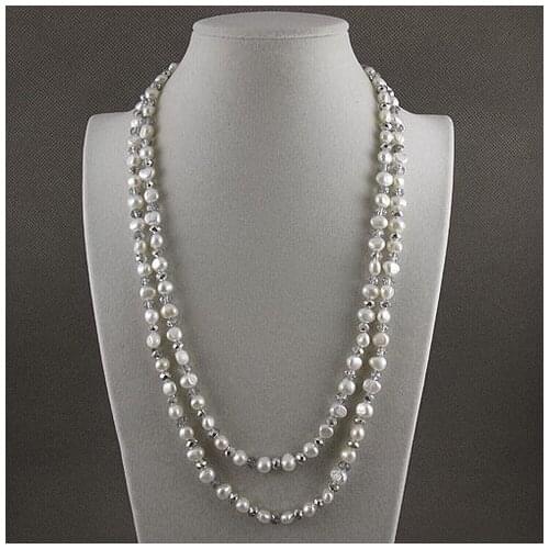 Unique Pearls jewellery Store 120cm Long Pearl Jewelry Gray Crystal Beads 7-8mm Baroque White Freshwater Pearl Necklace
