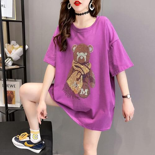 Hot Rhinestone Short Sleeve Diamonds Bear Print T-shirt Women 2021 Summer New Korean Style Loose Plus Size Half Sleeve Top
