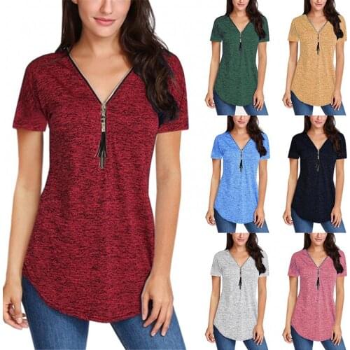 T-shirt Women 2021 Summer Fashion V-neck Plus Size Tee Tassel Zipper Sleeve T-Shirt Ladies Elegant Casual Solid Color Tunic Top