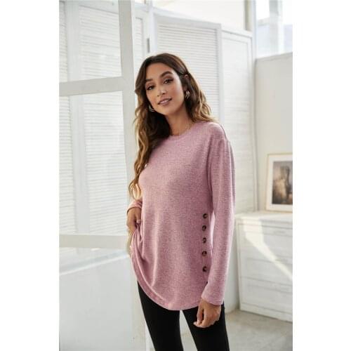 Women Casual Side Buttons Pink T-shirt Long Sleeve O neck Warm High Street Casual Pullover 2021 Autumn Winter New Fashion Tops