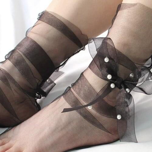 Women Sexy Ultra-Thin Tulle Socks Transparent Pearls Knotbow Mesh Glass Yarn Socks Female Chiffon Lace Up Long Socks Summer Sox