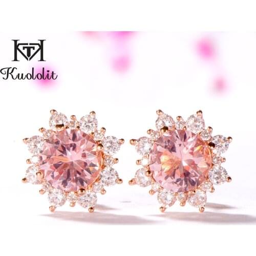 Kuololit Morganite Gemstone Stud Earrings for Women Solid 925 Sterling Silver Rose Gold Earring Pink Stone Earrings Fine Jewelry