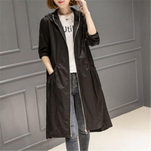 New Spring Autumn New Fashion Women Casual Hooded Long Trench Coat Female Slim Solid Thin Outerwear Plus Size Windbreaker FC135