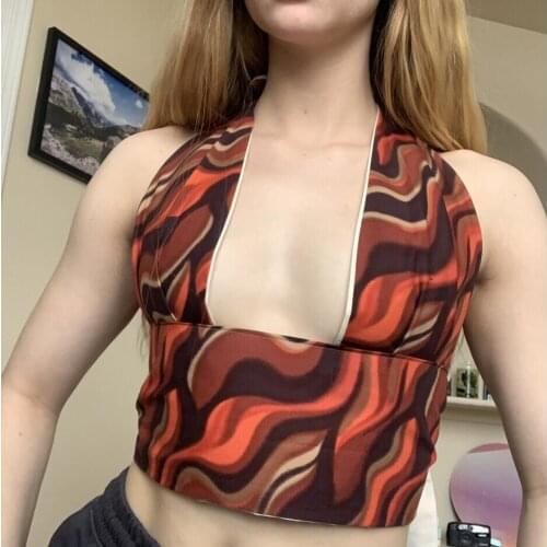 Sexy Backless Halter Bandage Women Tanks Top Summer Clother Crop Top New 2021 Printed Deep U Neck Women Camis Outwear Fashion
