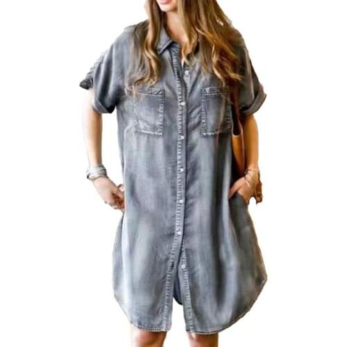 Women Summer Denim Dress Single-breasted Pockets Ladies Lapel Short Sleeve Mid Waist Dress Vestidos