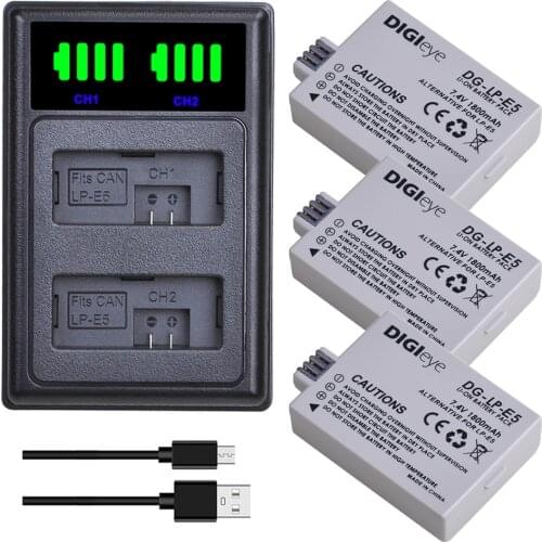 3Pcs 1800mAh LP-E5 LP E5 Battery + LED Dual Charger for Canon EOS Rebel XS, Rebel T1i, Rebel XSi, 1000D, 500D, 450D,Kiss X3,X2,F