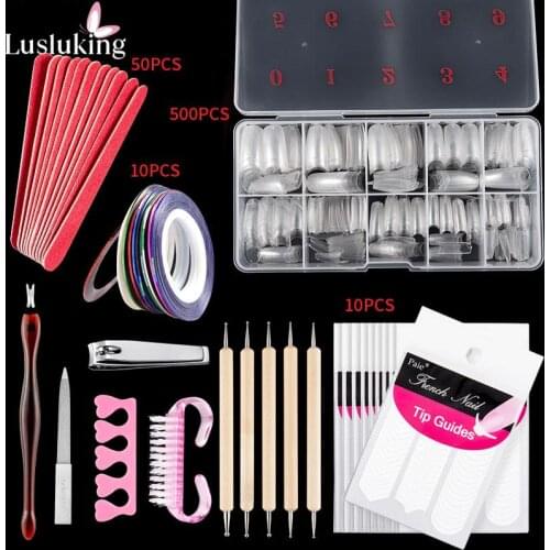 500pcs Box Kit Clear Natural Nail Tips French False Nail Art Brushes Sets Nail Scissors Manicure Tools Nail Equipment