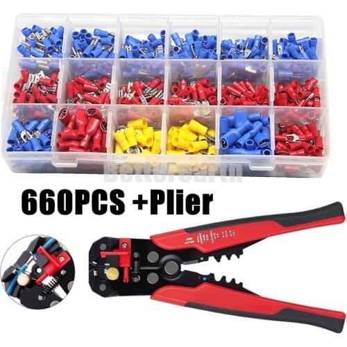 660PCS Mix Spade Terminals Insulated Cable Connector Electrical Wire Crimp Butt Ring Fork Set Ring Lugs + Wire Stripper Plier