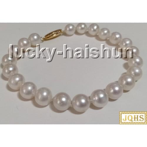 AAA natural 8" 9mm round white freshwater pearls beads bracelet 14K gold clasp c97