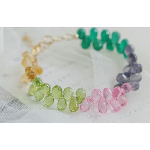Green agate/pink topaz/peridot/iolote/citrine drop 7-8 bracelet 17cm nature FPPJ gemstone