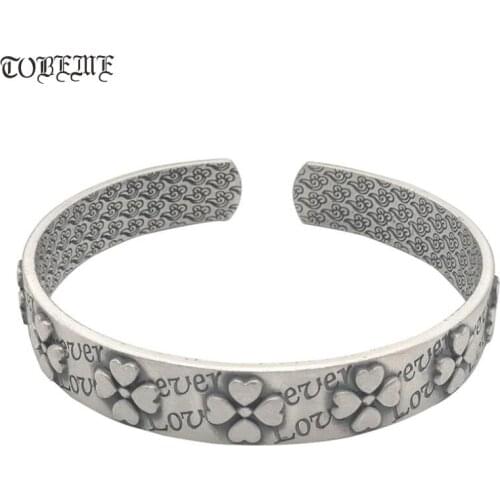 Handcrafted 990 Silver Women Bangle Vintage Pure Silver Love Cuff Bracelet Lucky Symbol Bracelet Lady Bangle