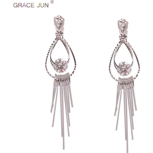 GRACE JUN High-grade Silver Plated CZ Double Teardrop Clip on Earrings and Pierced Earrings Charm Jewelry Factory Wholesale