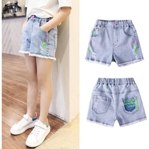 Girls Denim Shorts Teenage Girl Summer Short Pants Kids Clothes Children Ripped Hole Tassel Printing Jean Short for Teen 6-14