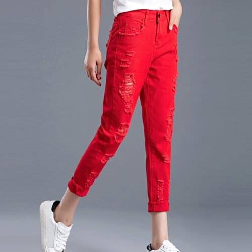 Spring Summer Woman Female High Waist Red Balck White Ripped Hole Tassel Jeans Harem Pants , Womens Ankle Length Denim Trousers