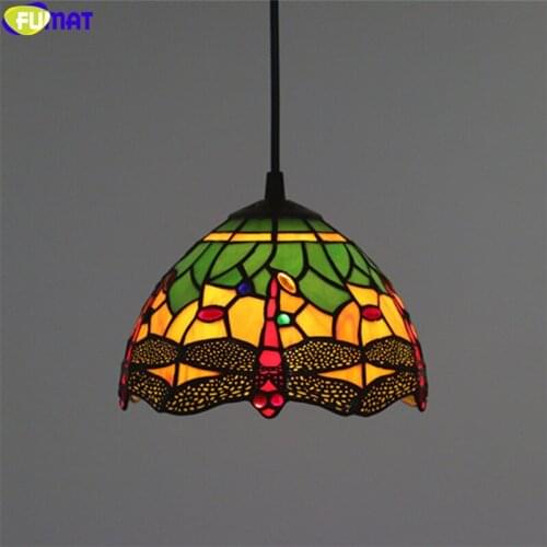 FUMAT Tiffany Dragonfly Stained Glass Pendant Lamp Yellow Red Rose Gemstone Handicraft Arts Home Decor Hanging Light Fixture 8"