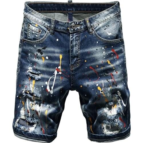 Idopy Summer Men`s High Street Short Jeans Painting Ripped Distressed Street Style Printed Denim Shorts Streetwear