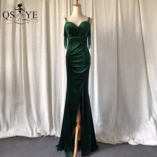 Emerald Green Velvet Evening Dress Sheath Beadings Prom Party Dress Split Sexy Sweetheart Neck Dropping Beads Formal Women Gown
