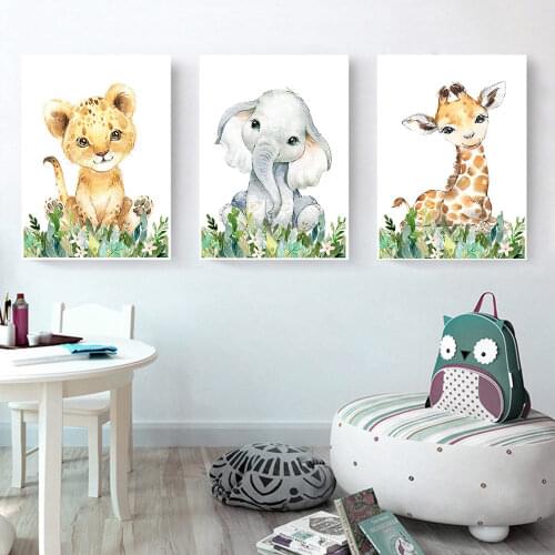 Jungle Animals Print Nordic Wall Art Canvas Painting Posters Zebra Giraffe Elephant Nursery Baby Kids Room De Wall Decor Picture