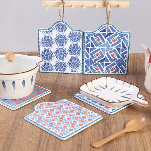 Nordic Ceramic Retro Craft Painting Insulated Cork Ceramic Coasters Dual-Purpose Pot Mats Combined Coasters Home Decoration Gift