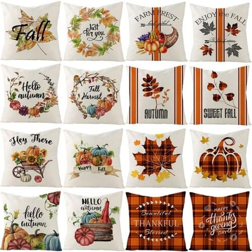 Red Striped Plaid Cushion Cover 45X45 Fall Linen Pillow Covers Pumpkin Maple Leaf Decorative Pillowcase Sofa Cushions Home Decor