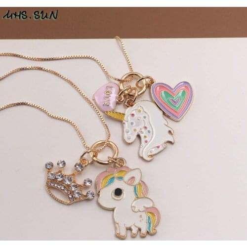 MHS.SUN Cute Girls Kids Unicorn Crown Pendants Long Chain Necklace Fashion Child Charming Necklace Jewelry For Gift Lovely