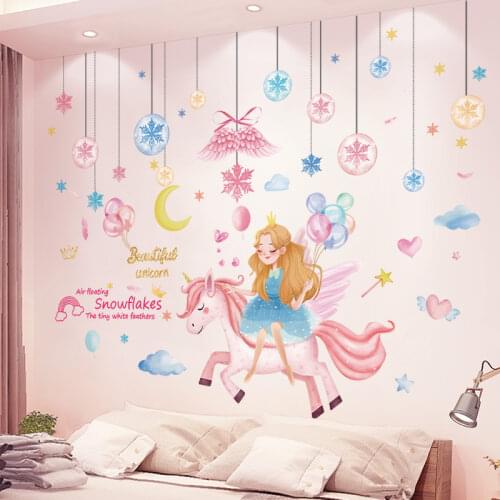 Girl Unicorn Wall Sticker DIY Snowflakes Wings Wall Decor Decals for Kids Rooms Baby Bedroom Children Nursery House Decoration