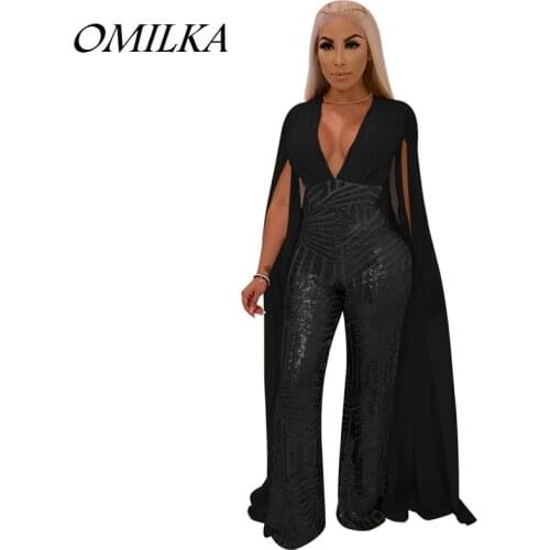 OMILKA Cape Sequin Rompers and Jumpsuits 2018 Autumn Women Long Sleeve Backless Bodycon Black Gold Sexy Club Party Overalls