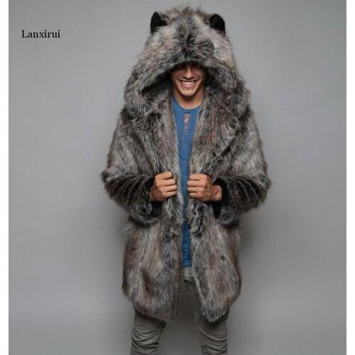 Fur Parka Oversized Men Fur Overcoat Warm Faux Fur Fashion Mens Warm Leopard Thick Hooded Coat Jacket Faux Fur Outwear Overcoat