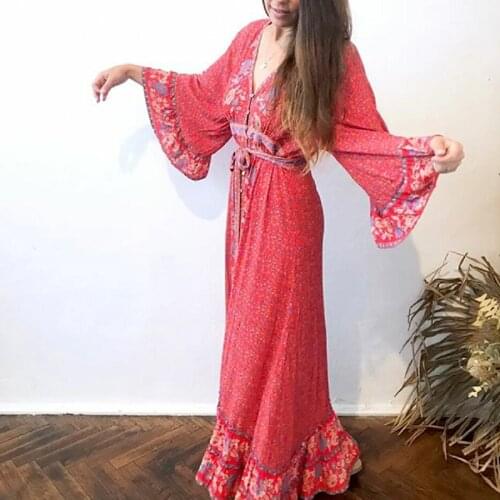 TEELYNN BOHO dress 2019 red rayon floral print summer Dresses sexy v-neck with Adjustable belt Gypsy maxi women dresses vestidos