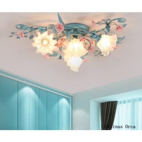Korean Pastoral Simple Flower and Grass ceiling lamp Restaurant Cafe Bedroom Mediterranean Romantic Colored Rose ceiling lamp