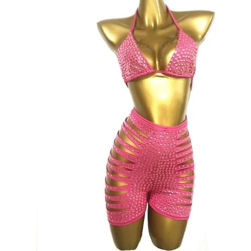 Pink Rhinestone Bra Short Outfit Sparkly Costume Bar Prom Dance Birthday Celebrate Outfit Sexy Women Bikini Set