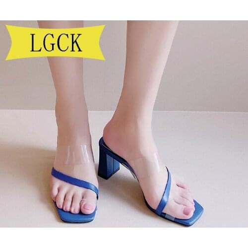 Big Size 34-40 Peep Toe Transparent Flower Square Heel Womens Sandals High Heels Hig Quality Cow Leather Elegant Female Slipper