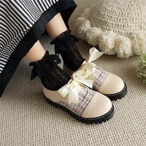 YQBTDL 2021 Lolita Shoes Women Casual Platform Butterfly-knot Mary Janes Shoes Cross-tied Flats Fairy Style Japanese Loli Pumps