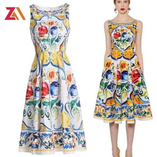 ZALady designer runway party evening midi dress vintage pattern sleeveless a-line elegant dresses exotic basic festival clothing