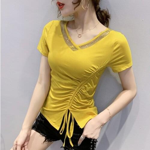 European 2021 New Womens fashion Pleated T-shirt Short-sleeved Slim Diamond V-neck top Summer Cotton shirt