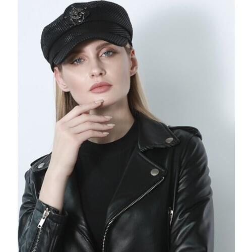 2020 New Black Gray Plaid Womens Vintage Military Genuine Leather Cap Fashion Flat Army Real Sheepskin Hats For Woman