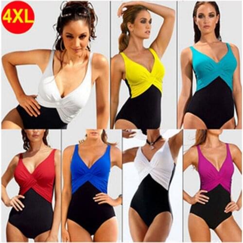 Women One Piece Swimsuit Bathing Suit V-neck Women Plus Size 4XL Swimwear Retro Vintage Bathing Suits Beachwear Padded Swim Wear