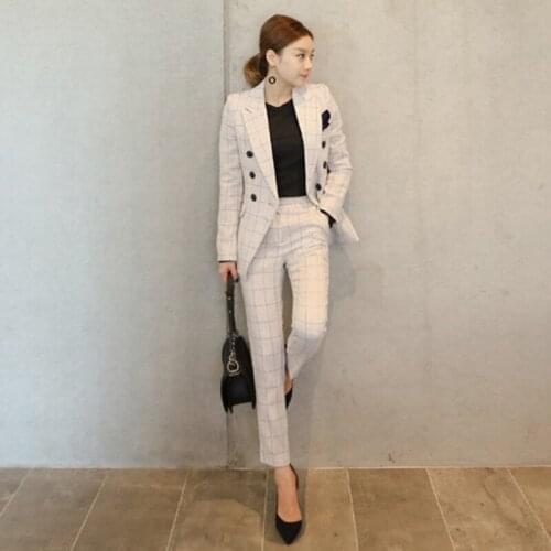 Vintage elegant suit women plaid work suits harem pants + double button tops ladies clothes fashion personality tide office sets