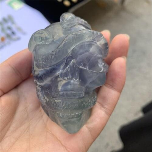 1pcs Natural Fluorite Handmade Skull Snake Carving Crystal Healing Reiki Gemstone Home Decor Stone Crystal Craft