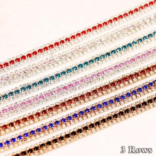 1 Yard 3 Rows Dense Claw Cup Rhinestones Chain Flatback Shiny Crystals For Needlework Sewing On Rhinestines Chain For Clothes